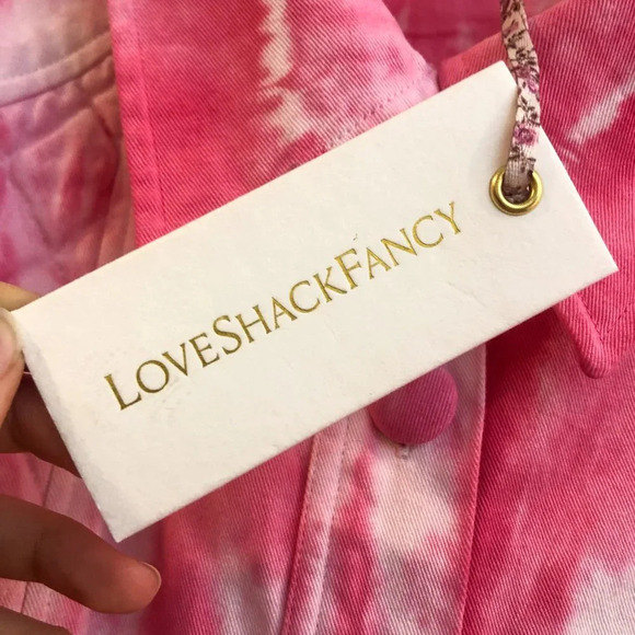LoveShackFancy Adelade Pink Tie Dye Bohemian Preppy Button Down Denim Jacket M - Picture 7 of 12